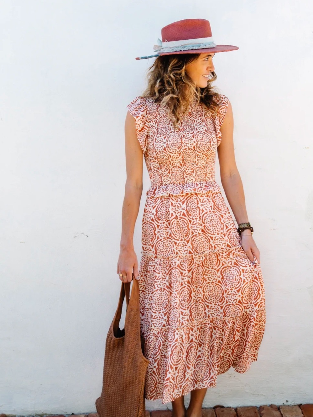 Perry Walker Collective Muffy III Smocked Tiered Maxi Dress Rust Boho Floral